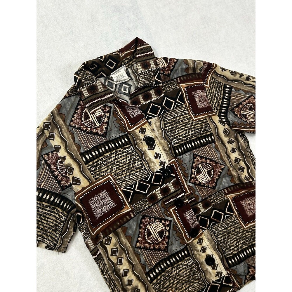 VTG 90s Basic Editions Shirt S Rayon Geometric Tribal Patchwork USA Abstract Art - Picture 2 of 11